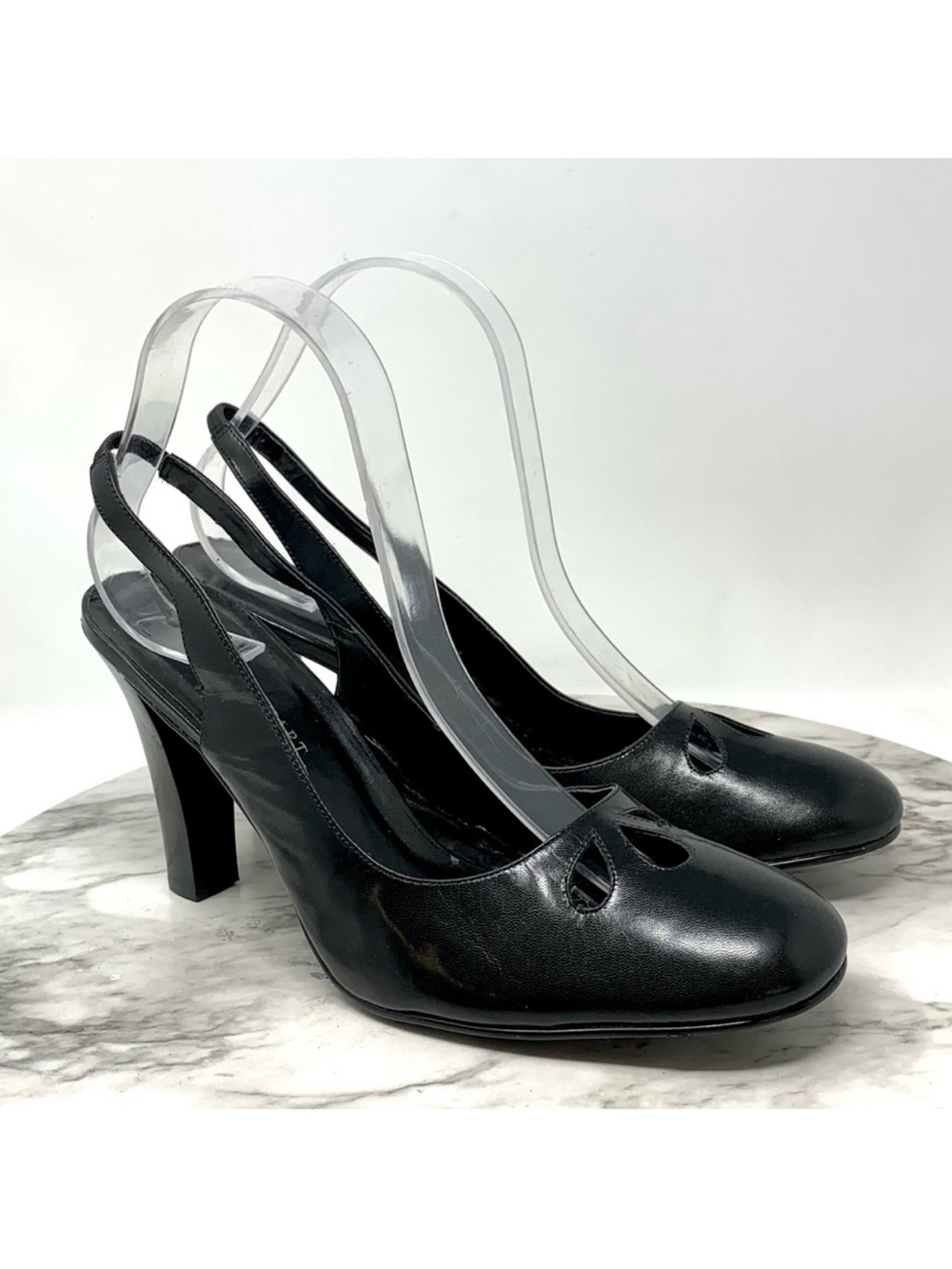 Colin Stuart Cutout Detail Black Leather Slingback Pumps 9 Coquette Girl Retro